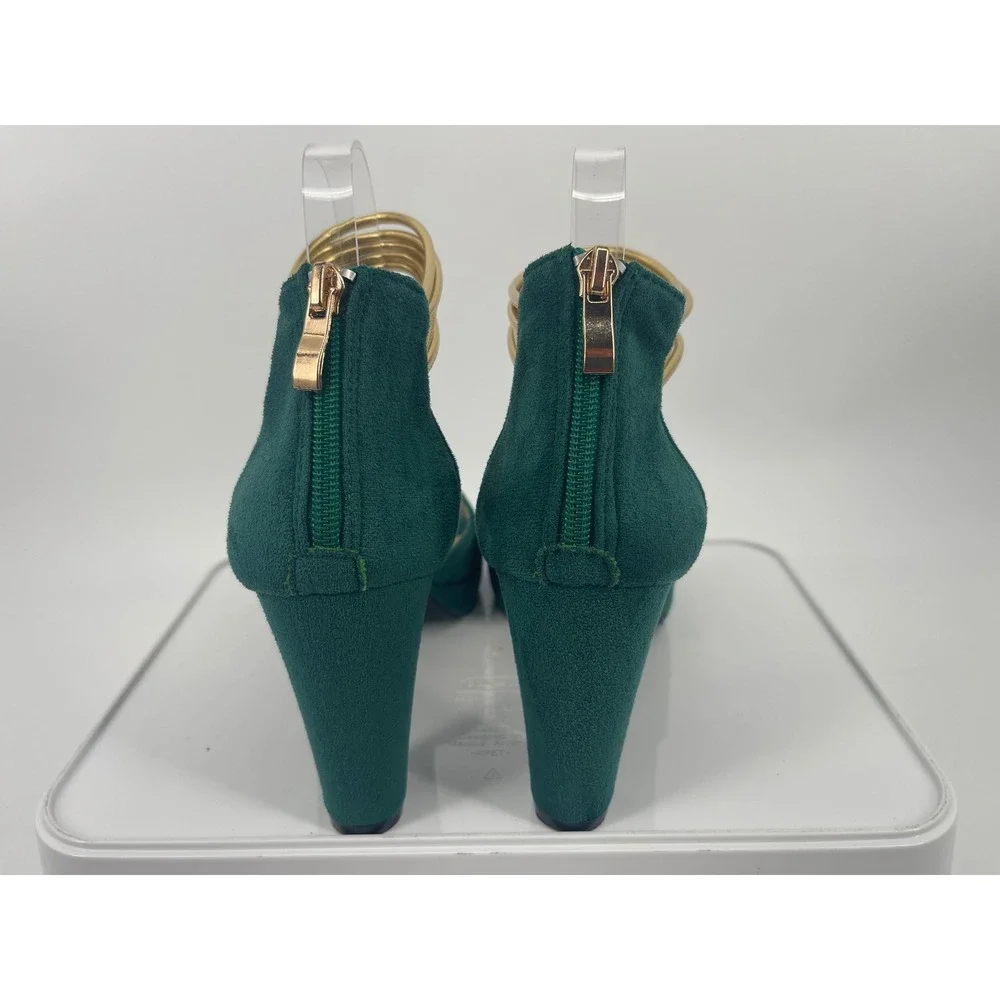 Green Faux Suede Platform Sandals Gold Ankle Cuff Block Heel Women Size 40 9